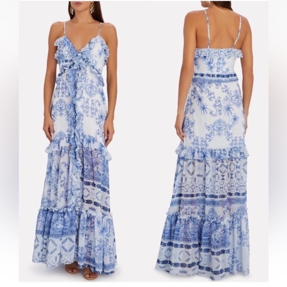 PatBO Amalfi Convertible White/Blue Printed Ruffle Chiffon Maxi Dress Size XS